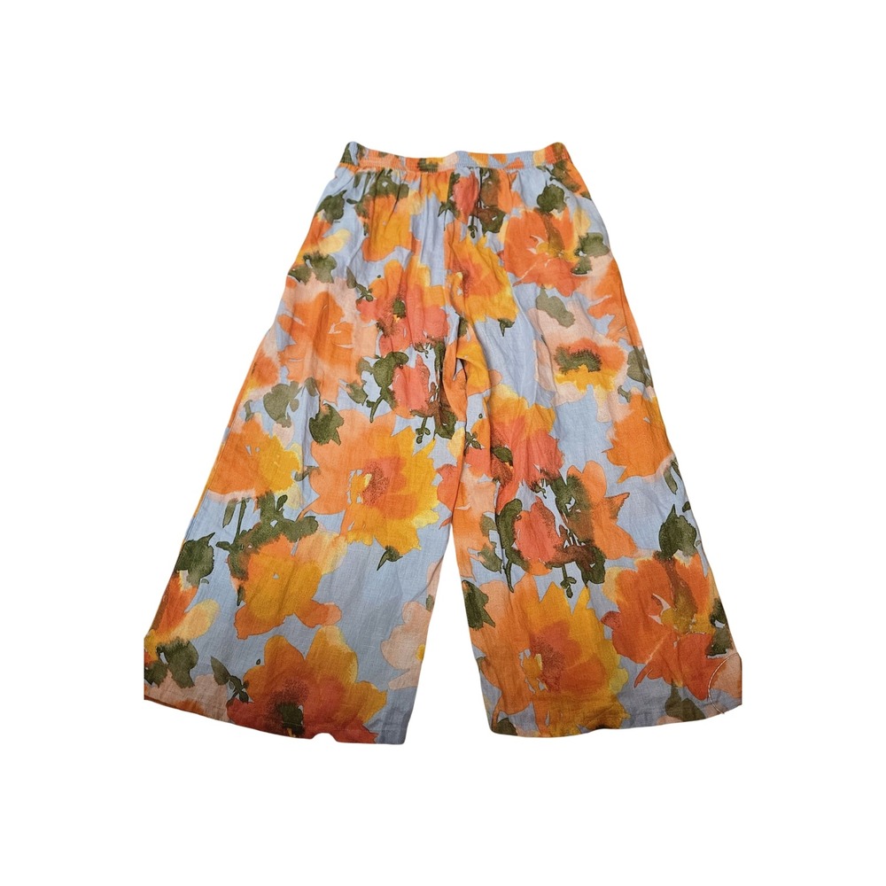 Joie Floral Linen Wide Leg Cropped Pants Orange Blue Watercolor Print XL